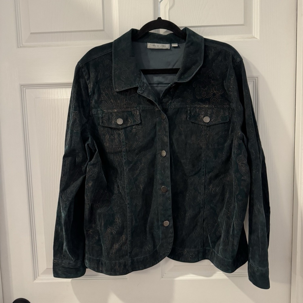 Birch Hill Women's Jacket Dark Teal With Metallic Bronze Paisley Print Sz 1X EUC